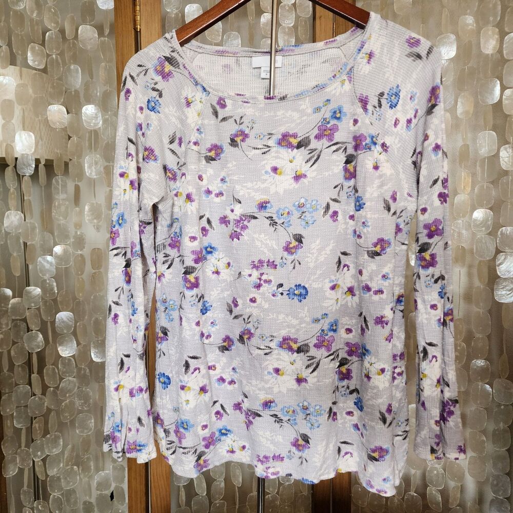 J Jill Floral Waffle Knit Top M Long Sleeve Stretch Casual Lightweight Shirt
